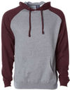 Am image of a Custom Independent Trading Co Raglan Hooded Pullover Sweatshirt in Gunmetal Heather/Burgundy Heather!