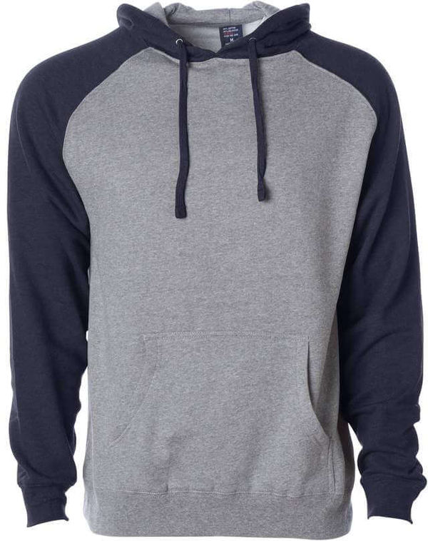 Am image of a Custom Independent Trading Co Raglan Hooded Pullover Sweatshirt in Gunmetal Heather/Classic Navy Heather!