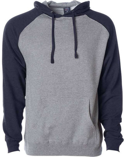 Am image of a Custom Independent Trading Co Raglan Hooded Pullover Sweatshirt in Gunmetal Heather/Classic Navy Heather!