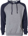 Am image of a Custom Independent Trading Co Raglan Hooded Pullover Sweatshirt in Gunmetal Heather/Classic Navy Heather!
