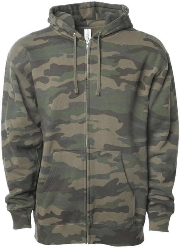 Am image of a Custom INDEPENDENT TRADING CO ADULT MIDWEIGHT ZIP HOODED SWEATSHIRT in Forest Camo!