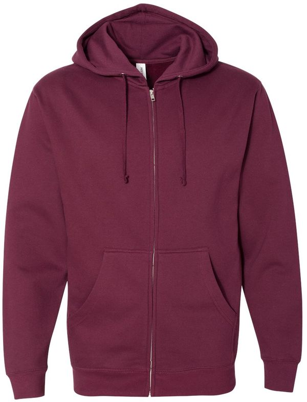 Am image of a Custom INDEPENDENT TRADING CO ADULT MIDWEIGHT ZIP HOODED SWEATSHIRT in Maroon!