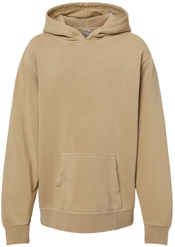 An image of a Custom Independent Trading Co Youth Midweight Pigment Dyed Hooded Sweatshirt in Pigment Sandstone!