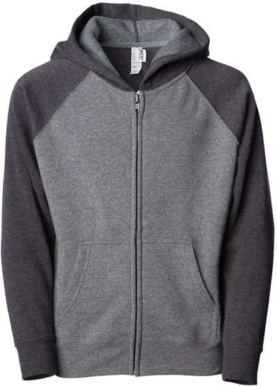 Am image of a Custom Independent Trading Co Toddler Lightweight Special Blend Raglan Zip Hood in Nickel/Carbon!