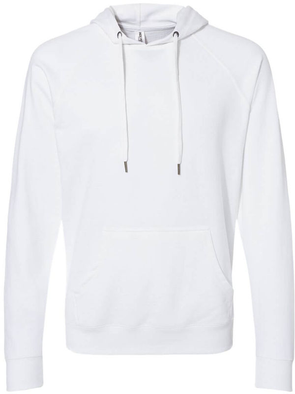Am image of a Custom Independent Trading Co Icon Unisex Lightweight Loopback Terry Hooded Sweatshirt in White!