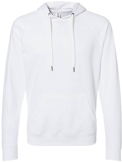 Am image of a Custom Independent Trading Co Icon Unisex Lightweight Loopback Terry Hooded Sweatshirt in White!