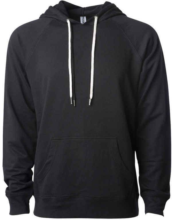 Am image of a Custom Independent Trading Co Icon Unisex Lightweight Loopback Terry Hooded Sweatshirt in Black!