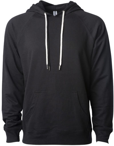 Am image of a Custom Independent Trading Co Icon Unisex Lightweight Loopback Terry Hooded Sweatshirt in Black!
