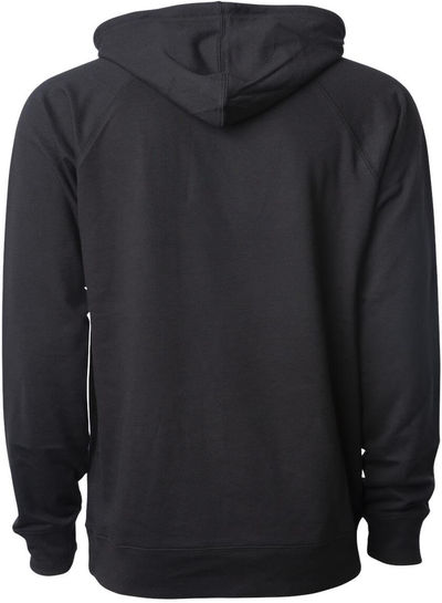 Am image of a Custom Independent Trading Co Icon Unisex Lightweight Loopback Terry Hooded Sweatshirt in Black!