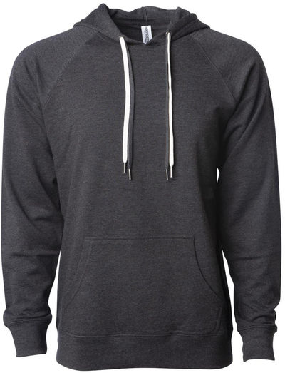 Am image of a Custom Independent Trading Co Icon Unisex Lightweight Loopback Terry Hooded Sweatshirt in Charcoal Heather!