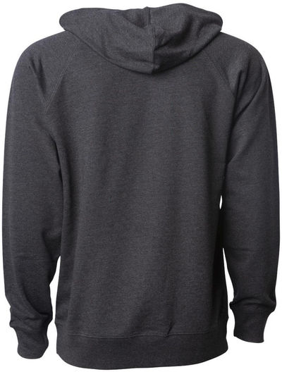 Am image of a Custom Independent Trading Co Icon Unisex Lightweight Loopback Terry Hooded Sweatshirt in Charcoal Heather!