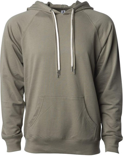 Am image of a Custom Independent Trading Co Icon Unisex Lightweight Loopback Terry Hooded Sweatshirt in Olive!