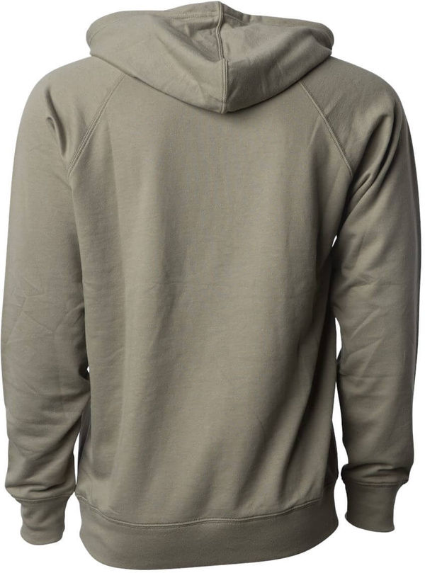 Am image of a Custom Independent Trading Co Icon Unisex Lightweight Loopback Terry Hooded Sweatshirt in Olive!