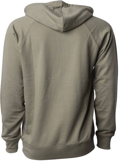 Am image of a Custom Independent Trading Co Icon Unisex Lightweight Loopback Terry Hooded Sweatshirt in Olive!