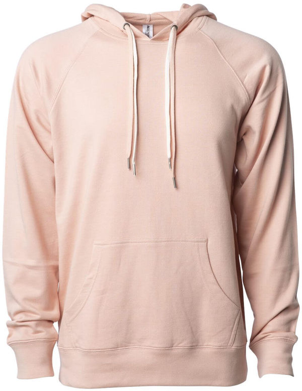 Am image of a Custom Independent Trading Co Icon Unisex Lightweight Loopback Terry Hooded Sweatshirt in Rose!
