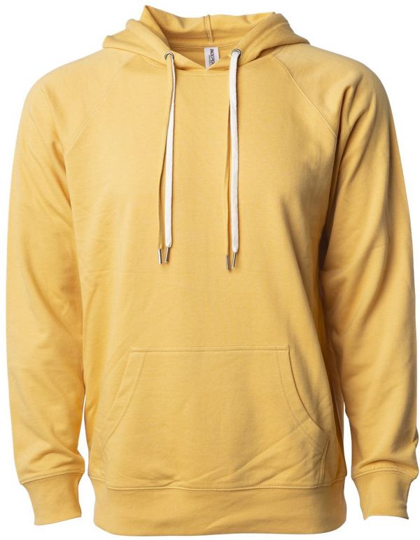 Am image of a Custom Independent Trading Co Icon Unisex Lightweight Loopback Terry Hooded Sweatshirt in Harvest Gold!
