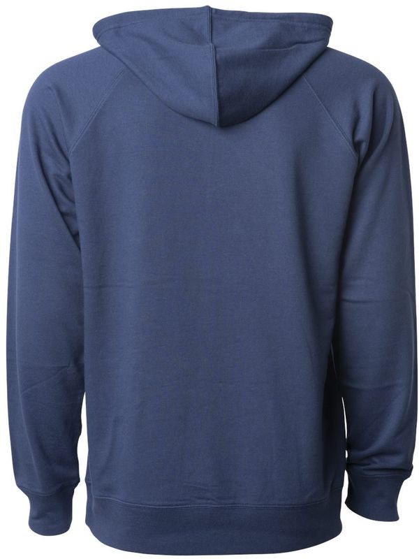 Am image of a Custom Independent Trading Co Icon Unisex Lightweight Loopback Terry Hooded Sweatshirt in Indigo!