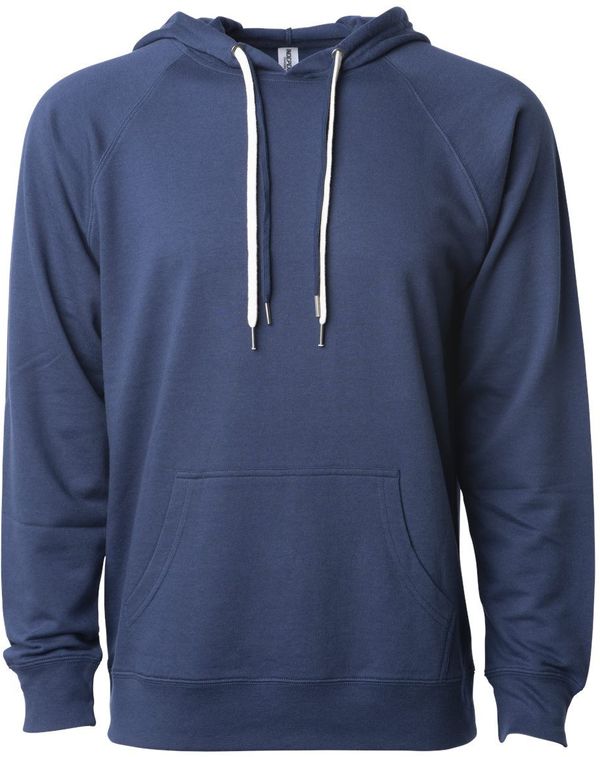 Am image of a Custom Independent Trading Co Icon Unisex Lightweight Loopback Terry Hooded Sweatshirt in Indigo!