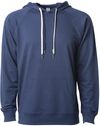Am image of a Custom Independent Trading Co Icon Unisex Lightweight Loopback Terry Hooded Sweatshirt in Indigo!