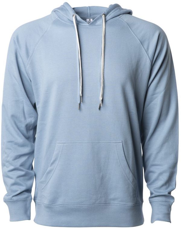 Am image of a Custom Independent Trading Co Icon Unisex Lightweight Loopback Terry Hooded Sweatshirt in Misty Blue!