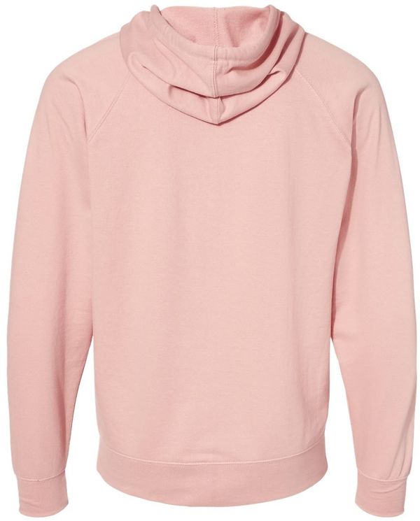Am image of a Custom Independent Trading Co Icon Unisex Lightweight Loopback Terry Full Zip Hooded Sweatshirt in Rose!