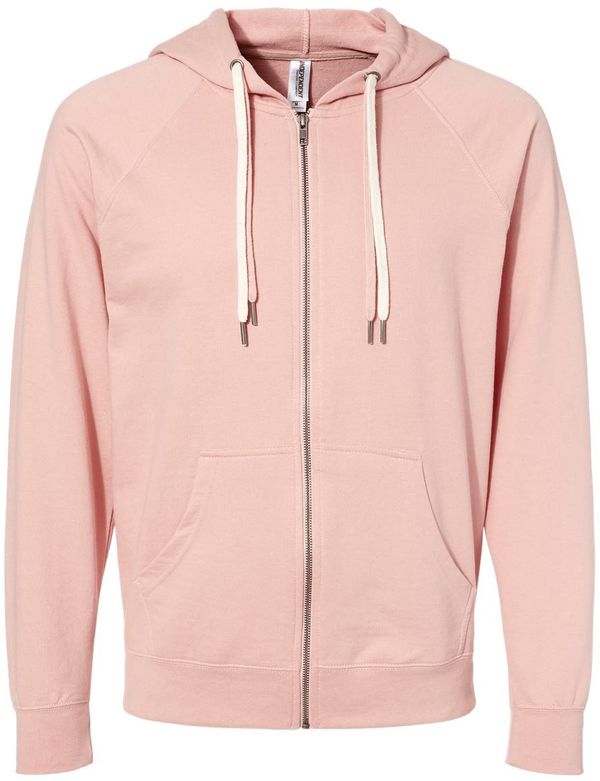 Am image of a Custom Independent Trading Co Icon Unisex Lightweight Loopback Terry Full Zip Hooded Sweatshirt in Rose!