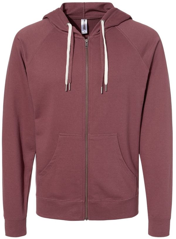 Am image of a Custom Independent Trading Co Icon Unisex Lightweight Loopback Terry Full Zip Hooded Sweatshirt in Port!