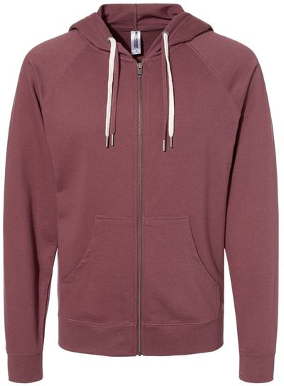 Am image of a Custom Independent Trading Co Icon Unisex Lightweight Loopback Terry Full Zip Hooded Sweatshirt in Port!