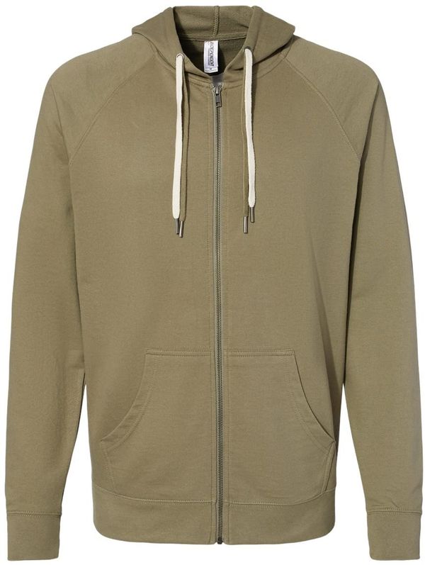 An image of a Custom Independent Trading Co Icon Unisex Lightweight Loopback Terry Full Zip Hooded Sweatshirt in Olive!