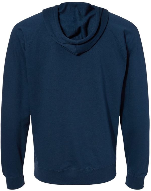 Am image of a Custom Independent Trading Co Icon Unisex Lightweight Loopback Terry Full Zip Hooded Sweatshirt in Indigo!
