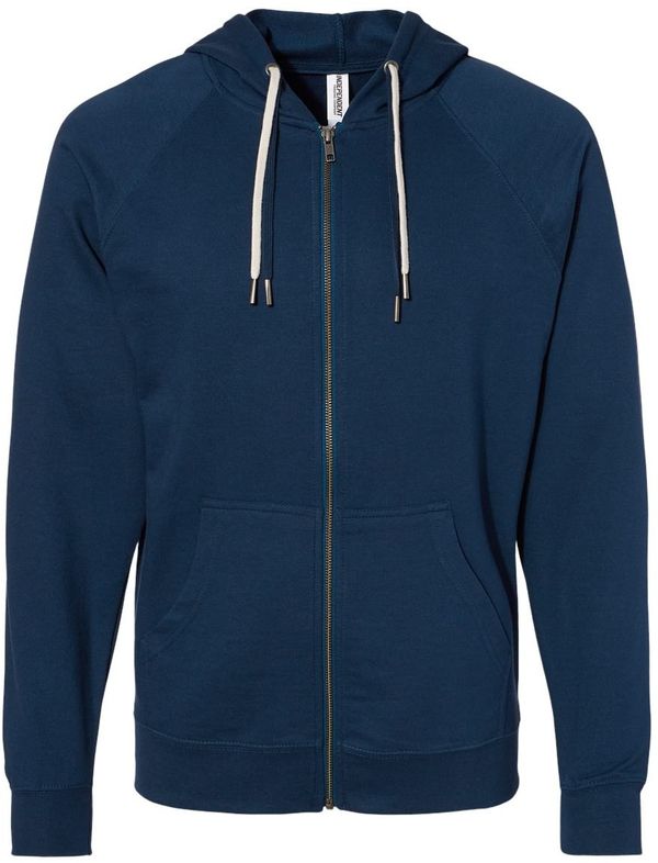 Am image of a Custom Independent Trading Co Icon Unisex Lightweight Loopback Terry Full Zip Hooded Sweatshirt in Indigo!