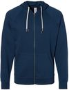 Am image of a Custom Independent Trading Co Icon Unisex Lightweight Loopback Terry Full Zip Hooded Sweatshirt in Indigo!