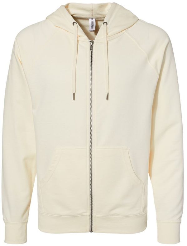 Am image of a Custom Independent Trading Co Icon Unisex Lightweight Loopback Terry Full Zip Hooded Sweatshirt in Bone!