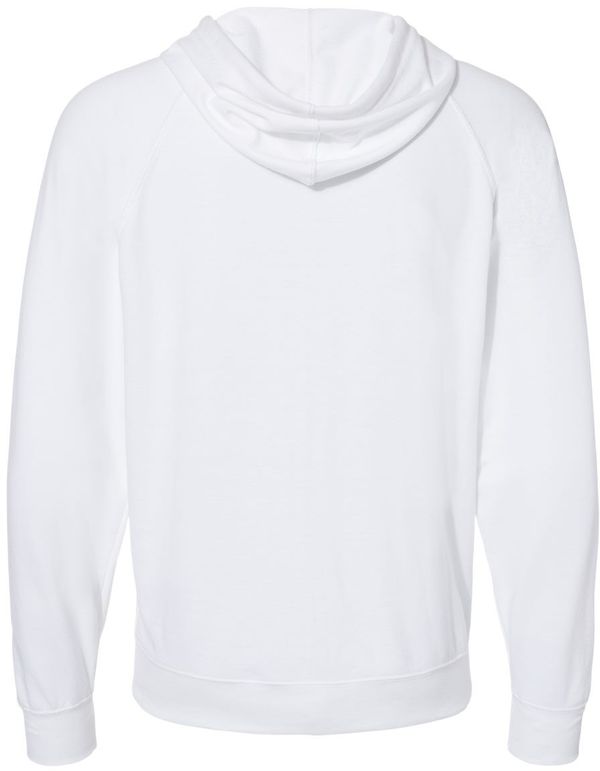 Am image of a Custom Independent Trading Co Icon Unisex Lightweight Loopback Terry Full Zip Hooded Sweatshirt in White!