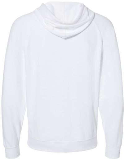 Am image of a Custom Independent Trading Co Icon Unisex Lightweight Loopback Terry Full Zip Hooded Sweatshirt in White!