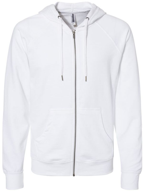 Am image of a Custom Independent Trading Co Icon Unisex Lightweight Loopback Terry Full Zip Hooded Sweatshirt in White!
