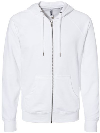 Am image of a Custom Independent Trading Co Icon Unisex Lightweight Loopback Terry Full Zip Hooded Sweatshirt in White!
