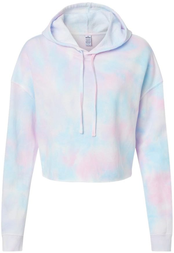 Am image of a Custom Independent Trading Co Womens Lightweight Cropped Hooded Sweatshirt in Tie Dye Cotton Candy!