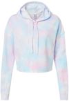 Am image of a Custom Independent Trading Co Womens Lightweight Cropped Hooded Sweatshirt in Tie Dye Cotton Candy!