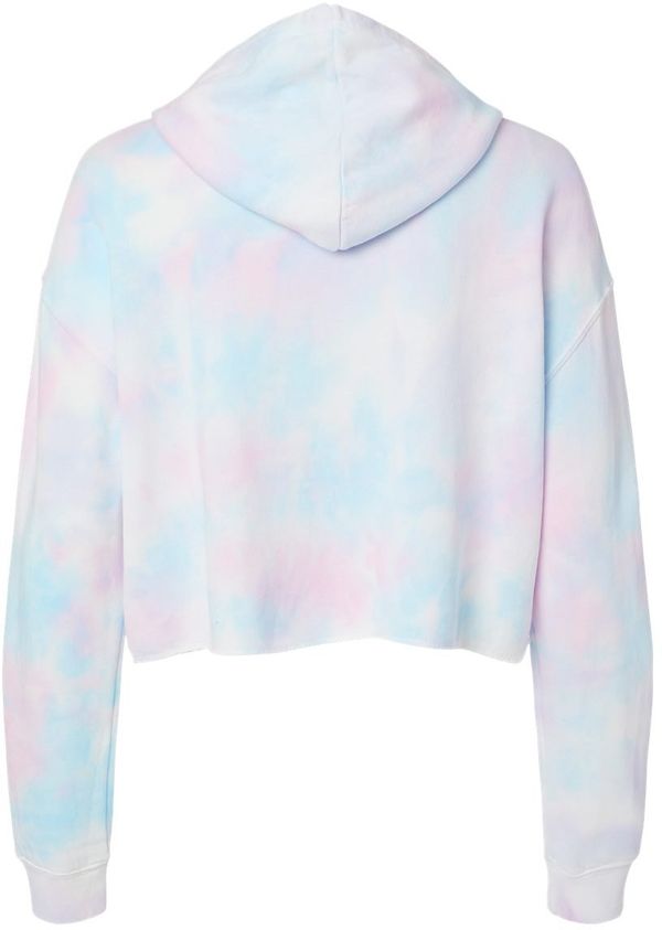 Am image of a Custom Independent Trading Co Womens Lightweight Cropped Hooded Sweatshirt in Tie Dye Cotton Candy!