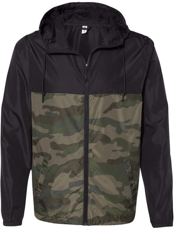 Am image of a Custom Independent Trading Co Lightweight Windbreaker Full Zip Jacket in Black/Forest Camo!