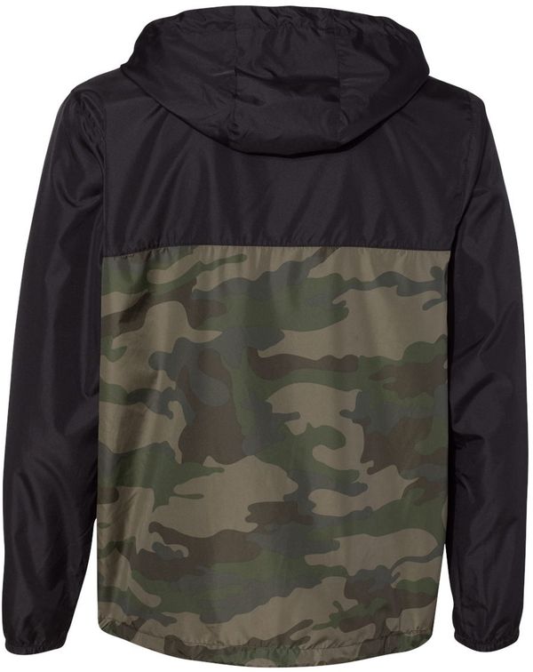 Am image of a Custom Independent Trading Co Lightweight Windbreaker Full Zip Jacket in Black/Forest Camo!