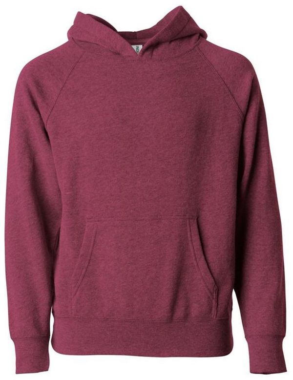 Am image of a Custom Independent Trading Co Youth Special Blend Raglan Hooded Sweatshirt in Crimson!