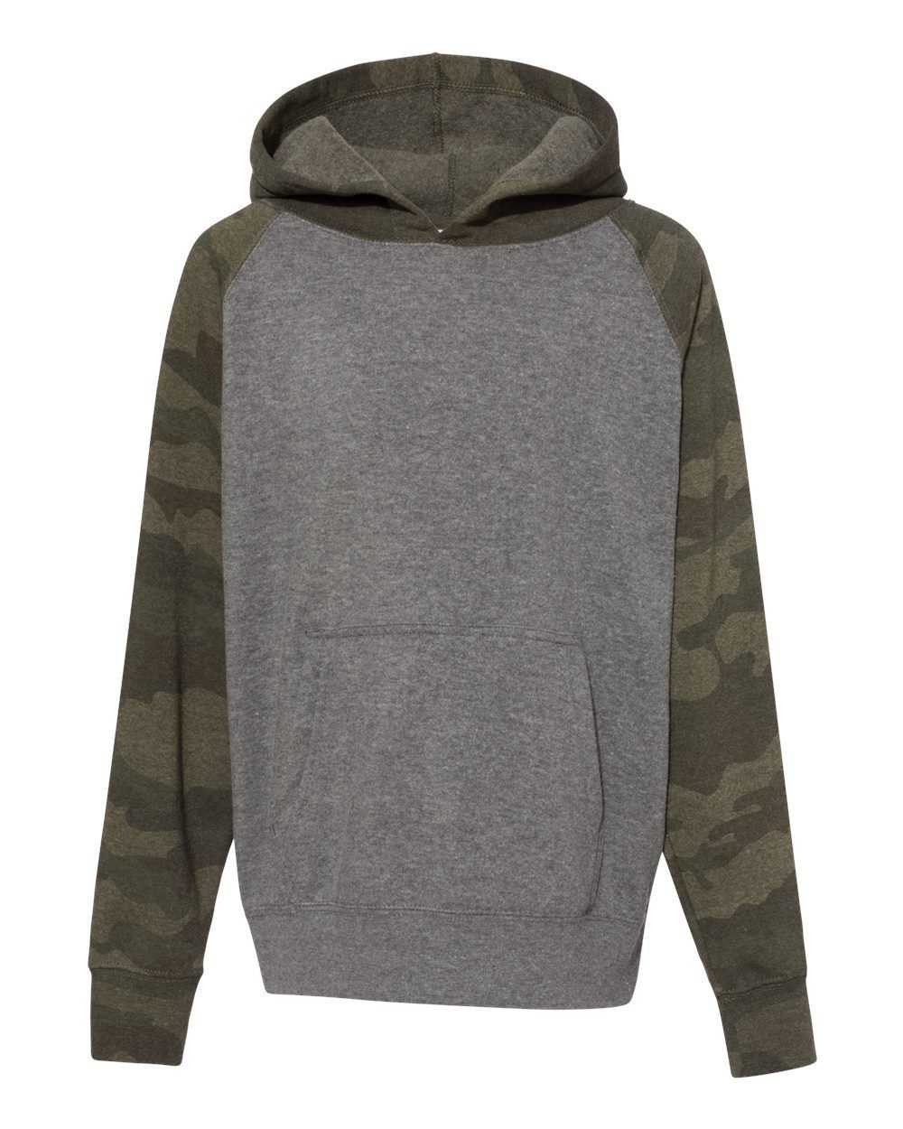 Independent Trading Co Youth Special Blend Raglan Hooded Sweatshirt in Nickel Heather/Forest Camo