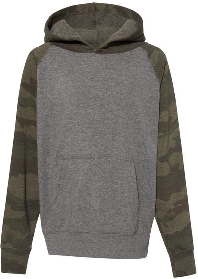 Am image of a Custom Independent Trading Co Youth Special Blend Raglan Hooded Sweatshirt in Nickel Heather/Forest Camo!