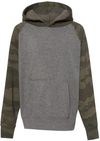 Am image of a Custom Independent Trading Co Youth Special Blend Raglan Hooded Sweatshirt in Nickel Heather/Forest Camo!