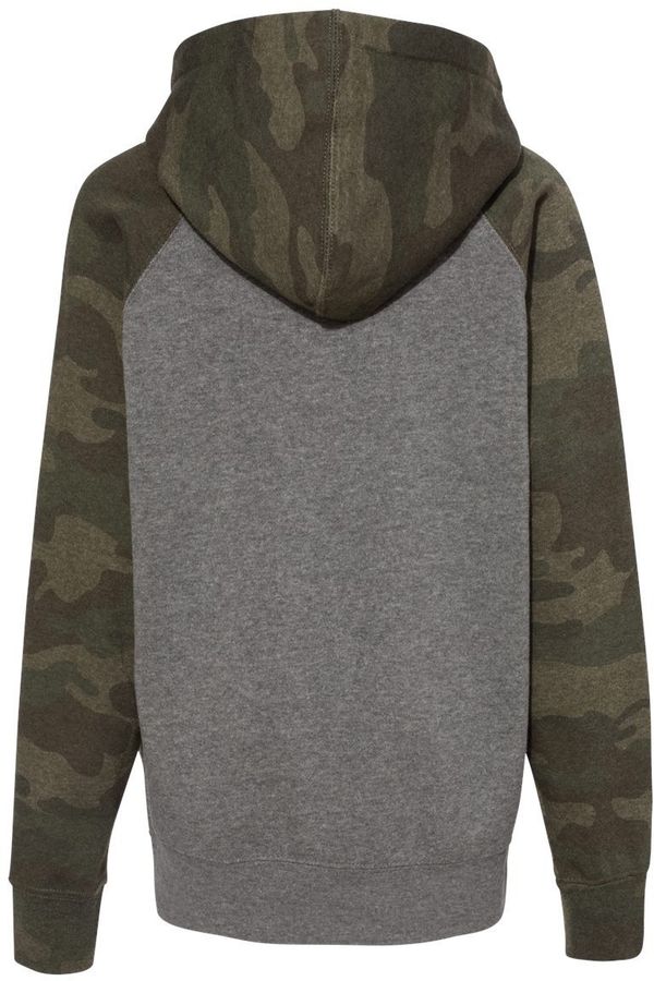 An image of a Custom Independent Trading Co Youth Special Blend Raglan Hooded Sweatshirt in Nickel Heather/Forest Camo!