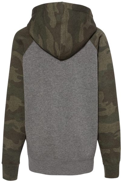 Am image of a Custom Independent Trading Co Youth Special Blend Raglan Hooded Sweatshirt in Nickel Heather/Forest Camo!