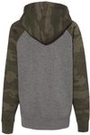 Am image of a Custom Independent Trading Co Youth Special Blend Raglan Hooded Sweatshirt in Nickel Heather/Forest Camo!
