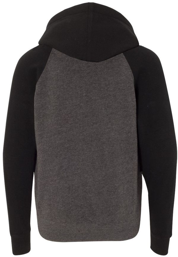 Am image of a Custom Independent Trading Co Youth Special Blend Raglan Hooded Sweatshirt in Carbon/Black!